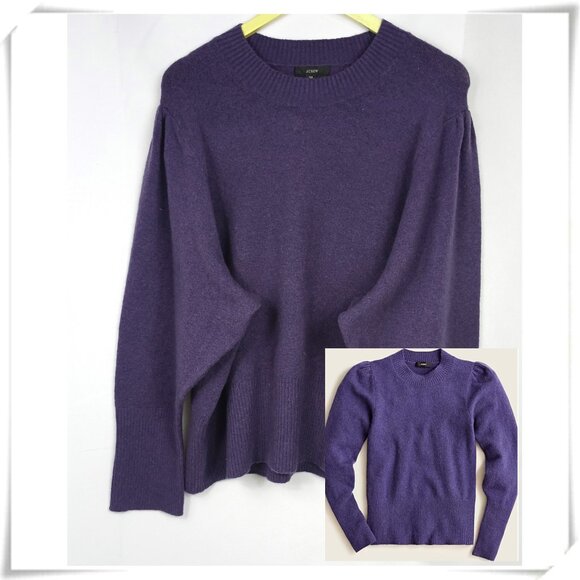 J. Crew Puff-Sleeve Balloon Sleeve Crewneck Purple Sweater in Supersoft Yarn NWT - Picture 1 of 6